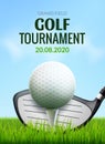 Golf tournament poster template flyer. Golf ball on green grass for competition. Sport club vector design