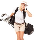 Golf woman, club bag and headache in studio portrait with stress, tired and sports equipment by white background Royalty Free Stock Photo