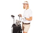 Golf woman, club bag and studio portrait for health, motivation and sports equipment with smile by white background Royalty Free Stock Photo