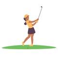 Happy woman character plying golf game