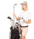 Golf, woman and sport clubs portrait of a model with sports gear and isolated white background. Thinking, game club Royalty Free Stock Photo