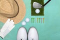 Golf ball, golf shoes, tees and straw hat on a base in light green from above