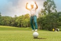 Golfer action to win after long putting golf ball on the green golf Royalty Free Stock Photo