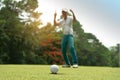 Golfer action to win after long putting golf ball on the green golf Royalty Free Stock Photo