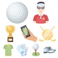 A golfer, a ball, a club and other golf attributes.Golf club set collection icons in cartoon style vector symbol stock