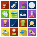 A golfer, a ball, a club and other golf attributes.Golf club set collection icons in flat style vector symbol stock