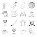 A golfer, a ball, a club and other golf attributes.Golf club set collection icons in outline style vector symbol stock