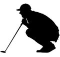 Golfer crouching on the golf course analyzing, planning the golf tee shot, golf swing with a golf club in hand. Golfer in a squat Royalty Free Stock Photo