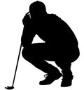 Golfer crouching on the golf course analyzing, planning the golf tee shot, golf swing with a golf club in hand. Golfer in a squat Royalty Free Stock Photo