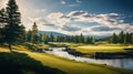 A golfer executing a flawless swing on a pristine course, surrounded by lush greenery and blue skies