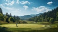 A golfer executing a flawless swing on a pristine course, surrounded by lush greenery and blue skies