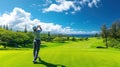 A golfer executing a flawless swing on a pristine course, surrounded by lush greenery and blue skies