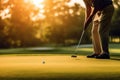 Golfer Focused on Perfecting the Putt at Sunset. Generative AI