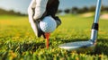 Golfer in glove placing ball on tee with club head nearby, preparing to swing. Preparation for start of game. Royalty Free Stock Photo