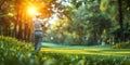 Golfer hitting a shot in the early morning light on a lush green course surrounded by trees Royalty Free Stock Photo