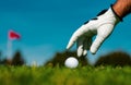 Golfer man with golf glove. Hand putting golf ball on tee in golf course. Royalty Free Stock Photo