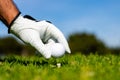 Golfer man with golf glove playing on a golf course. Hand putting golf ball on tee in golf course. Royalty Free Stock Photo