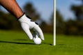 Golfer man hand with golf glove. Golf ball near hole. Golf ball on lip of cup on grass background. Royalty Free Stock Photo