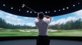 Golfer practicing swing in indoor simulator with virtual golf course backdrop Royalty Free Stock Photo