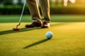 Golfer preparing to swing on a sunny golf course with ball. Generative AI