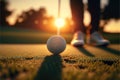 Golfer putting golf ball on the green golf, lens flare on sun set evening time. Generative AI Royalty Free Stock Photo