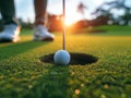 Golfer putting golf ball on the green grass, golf player putting golf ball into hole Royalty Free Stock Photo