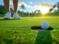 Golfer putting golf ball on the green grass, golf player putting golf ball into hole Royalty Free Stock Photo