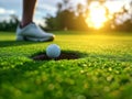 Golfer putting golf ball on the green grass, golf player putting golf ball into hole Royalty Free Stock Photo