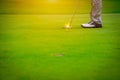 Golfer putting golf ball to hole on green field Royalty Free Stock Photo