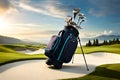 A golfer\'s bag of clubs set against a backdrop of rolling hills and a picturesque golf course fairway