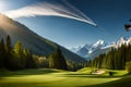 A golfer\'s clubhead slicing through the air as they tee off, with a lush forest lining the fairway on a sunny day Royalty Free Stock Photo