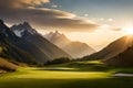 A golfer\'s iron club striking the ball from a fairway nestled in a mountain valley, with rugged peaks all around