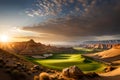 A golfer\'s view from a tee box overlooking a vast desert course, with a deep canyon running through the fairway Royalty Free Stock Photo