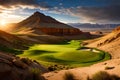 A golfer\'s view from a tee box overlooking a vast desert course, with a deep canyon running through the fairway Royalty Free Stock Photo