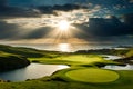 A golfer\'s view from the tee, with a panoramic vista of a coastal course stretching out towards the sparkling ocean