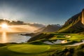 A golfer\'s view from the tee, with a panoramic vista of a coastal course stretching out towards the sparkling ocean