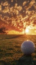 Golfer silhouette during sunset on a landscape with golf ball in foreground Royalty Free Stock Photo