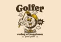 Golfer swing of happiness, mascot character illustration of golf ball holding a golf stick