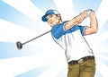 The golfer swings the club with all his might to hit the ball forward.