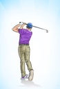 The golfer swings the club with all his might to hit the ball forward.