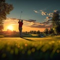Golfer swings gracefully, bathed in sunset hues on lush golf course