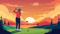 A golfer taking a moment to admire the breathtaking sunset from the tee box before taking their shot.. Vector