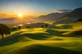 A golfer teeing off at sunrise, with the fairway bathed in the soft golden glow of the early morning light Royalty Free Stock Photo