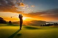 A golfer teeing off at sunrise, with the fairway bathed in the soft golden glow of the early morning light Royalty Free Stock Photo