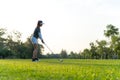 Golfer women sport course golf ball fairway. People lifestyle woman playing game golf Royalty Free Stock Photo