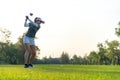 Golfer women sport course golf ball fairway. People lifestyle woman playing game golf approach tee of Royalty Free Stock Photo