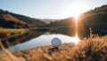 Golfers enjoy the outdoors, playing on green grass under sunlight generated by AI Royalty Free Stock Photo