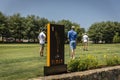 Golfers at the first tee at the Treehouse Brewing golf course in Tewksbury Massachusetts