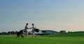 Golfers group enjoy meeting on green course field. Two sport men shaking hands.