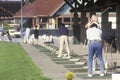 Golfers lined up on putting range, Golf Club, Santa Clara, CA